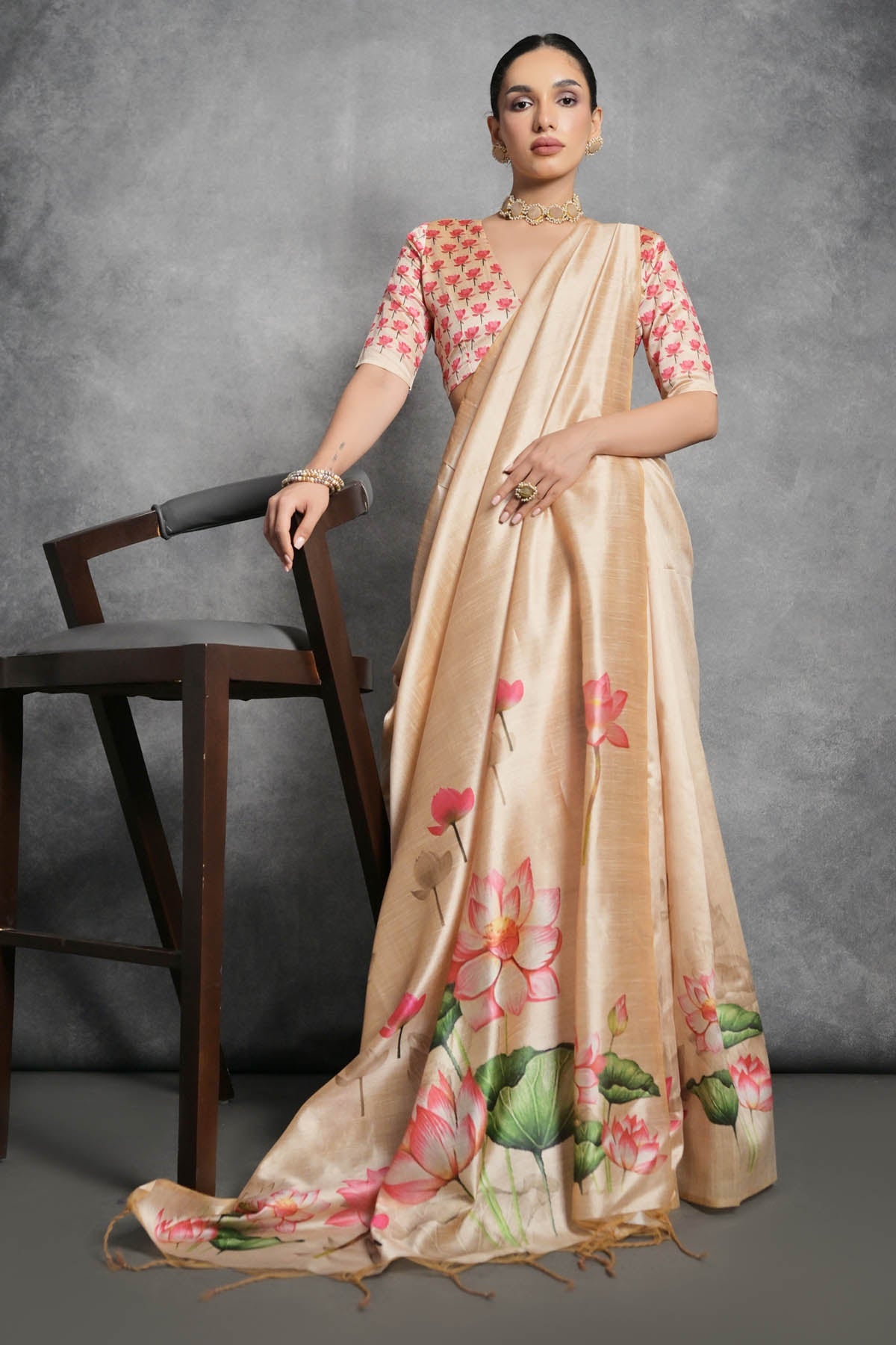 Buy Designer Lotus Print Yellow Saree Online